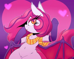 Size: 2500x2000 | Tagged: safe, artist:lockheart, imported from derpibooru, oc, oc:arrhythmia, bat pony, pony, bat pony oc, bedroom eyes, belly button, clothes, evening gloves, eyeshadow, female, floating heart, gloves, heart, heart background, long gloves, makeup, mare, pubic fluff, scarf, solo, spread wings, striped scarf, wide hips, wings