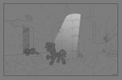 Size: 2900x1900 | Tagged: safe, artist:php104, imported from derpibooru, oc, oc only, oc:littlepip, pony, rat, unicorn, fallout equestria, bone, bottle, monochrome, sewer, skeleton, sketch