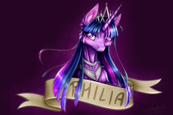 Size: 2250x1500 | Tagged: safe, artist:schizophrenicfox, imported from derpibooru, part of a set, twilight sparkle, alicorn, pony, 2021, banner, bust, cheek fluff, chest fluff, jewelry, old art, regalia, skinny, slim, solo, sternocleidomastoid, thin, twilight sparkle (alicorn)