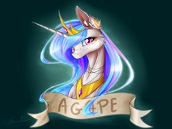 Size: 2000x1500 | Tagged: safe, artist:schizophrenicfox, imported from derpibooru, part of a set, princess celestia, alicorn, pony, 2021, banner, bust, cheek fluff, chest fluff, crown, jewelry, old art, peytral, regalia, solo