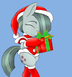 Size: 2255x2434 | Tagged: safe, artist:a.s.e, imported from derpibooru, marble pie, pony, bipedal, christmas, christmas stocking, cute, female, happy, holiday, marblebetes, mare, present, simple background, smiling, solo