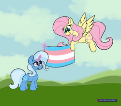 Size: 4460x3918 | Tagged: safe, artist:phosphorshy, imported from derpibooru, fluttershy, trixie, pegasus, pony, unicorn, chest fluff, cloud, ear fluff, female, flying, glowing, glowing horn, grass, horn, magic, magic aura, open mouth, pride, pride flag, simple background, spread wings, standing, telekinesis, trans female, trans trixie, transgender, transgender pride flag, wings