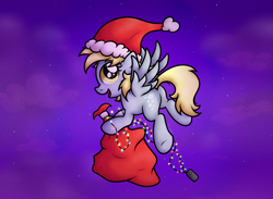 Size: 2760x2017 | Tagged: safe, artist:background basset, imported from derpibooru, derpy hooves, pegasus, pony, bag, christmas, christmas lights, flying, hat, holiday, night, santa hat, spread wings, wings