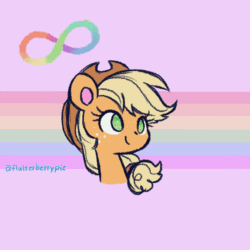 Size: 800x800 | Tagged: safe, artist:flutterberrypie, imported from derpibooru, applejack, earth pony, pony, animated, applejack's hat, ask, autism, bust, colored pinnae, cowboy hat, ear flick, female, freckles, gif, hat, headcanon, infinity symbol, jackabetes, mare, neurodivergent, neurodivergent headcanon, no pupils, open mouth, portrait, pride flag, rainbow flag, retarded, silly, silly pony, solo, stimming, virtue signalling, who's a silly pony