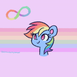 Size: 800x800 | Tagged: safe, alternate version, artist:flutterberrypie, imported from derpibooru, rainbow dash, pegasus, pony, animated, ask, autism, bust, colored pinnae, ear flick, female, gif, headcanon, infinity symbol, mare, neurodivergent headcanon, no pupils, portrait, pride flag, rainbow flag, raspberry, retarded, silly, solo, stimming, tongue out, virtue signalling