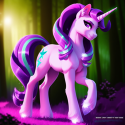 Size: 1024x1024 | Tagged: safe, imported from derpibooru, starlight glimmer, pony, unicorn, ai content, ai generated, ear fluff, female, forest, generator:purplesmart.ai, generator:stable diffusion, grass, mare, solo, sparkly mane, walking