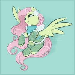 Size: 2400x2400 | Tagged: safe, artist:syrupyyy, imported from derpibooru, fluttershy, pegasus, pony, blue background, bundled up, clothes, drop shadow, earmuffs, female, flying, high res, leg warmers, looking away, mare, no pupils, scarf, simple background, solo, spread wings, turned head, wings, winter outfit