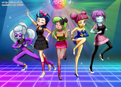 Size: 1680x1200 | Tagged: safe, artist:twilite-sparkleplz, imported from derpibooru, indigo zap, lemon zest, sour sweet, sugarcoat, sunny flare, human, equestria girls, 80s, alternate clothes, bare shoulders, bow, dance floor, dancing, disco ball, fishnets, group, hair bow, high heels, quintet, shadow five, shoes, sunglasses, tracksuit