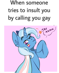Size: 365x453 | Tagged: safe, artist:ametffe, imported from derpibooru, trixie, pony, unicorn, :3, female, lesbian pride flag, meme, one eye closed, pride, pride flag, solo, speech bubble, text, trans trixie, transgender, wink