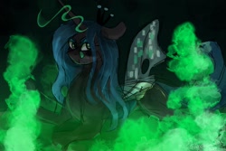 Size: 1500x1000 | Tagged: safe, artist:ametffe, imported from derpibooru, queen chrysalis, changeling, changeling queen, crown, jewelry, lying down, regalia, tongue out