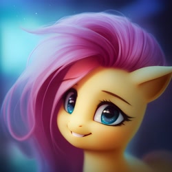 Size: 3072x3072 | Tagged: safe, generator:anything pony: sd is magic, imported from derpibooru, fluttershy, pony, ai content, ai generated, blue background, blue eyes, bust, looking at you, portrait, simple background, smiling, smiling at you, solo