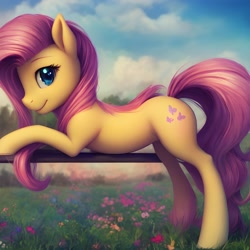 Size: 3072x3072 | Tagged: safe, generator:anything pony: sd is magic, imported from derpibooru, fluttershy, pony, ai content, ai generated, flower, looking at you, solo