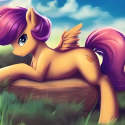 Size: 2048x2048 | Tagged: safe, imported from derpibooru, scootaloo, pegasus, pony, ai content, ai generated, grass, grass field, looking at you, pony diffusion v2, rock, solo, wings