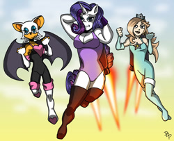Size: 992x806 | Tagged: safe, artist:ddpeterson, imported from derpibooru, rarity, anthro, bat, human, unicorn, bodysuit, breasts, clothes, female, flying, jetpack, jumpsuit, leotard, princess rosalina, rosalina, rouge the bat, sonic the hedgehog (series), super mario bros., trio, trio female, unitard