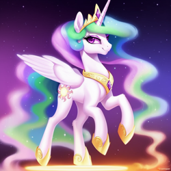 Size: 1024x1024 | Tagged: safe, imported from derpibooru, princess celestia, alicorn, pony, ai content, ai generated, collar, cute, ethereal mane, ethereal tail, female, floating, folded wings, generator:purplesmart.ai, generator:stable diffusion, hoof shoes, jewelry, looking to the left, majestic, regalia, slim, smiling, solo, stars, tail, thin, tiara, wings
