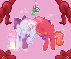 Size: 1043x872 | Tagged: safe, artist:typhwosion, imported from derpibooru, oc, oc:blazey sketch, oc:lucas reins, pegasus, bandana, bow, clothes, commission, couple, duo, gift art, hair bow, kissing, long hair, mistletoe, multicolored hair, oc x oc, pegasus oc, piercing, pink background, shipping, simple background, sweater, ych result