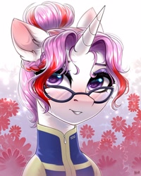 Size: 2000x2500 | Tagged: safe, artist:hakaina, imported from derpibooru, oc, oc only, pony, unicorn, clothes, ear fluff, glasses, horn, solo, unicorn oc