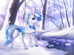 Size: 2700x2000 | Tagged: safe, artist:hakaina, imported from derpibooru, oc, oc only, oc:saphirblau, pegasus, pony, beautiful, butt, clothes, crepuscular rays, forest, pegasus oc, plot, raised hoof, river, scarf, slim, snow, solo, stream, striped scarf, water, winter