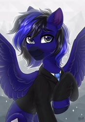 Size: 2100x3000 | Tagged: safe, artist:hakaina, imported from derpibooru, oc, oc only, pegasus, pony, clothes, ear fluff, looking at you, pegasus oc, raised hoof, slim, smiling, smiling at you, solo