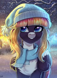 Size: 2000x2700 | Tagged: safe, artist:hakaina, imported from derpibooru, oc, oc only, pegasus, pony, clothes, folded wings, hat, pale belly, pegasus oc, scarf, smiling, snow, snowfall, snowflake, solo, wings