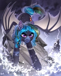 Size: 2000x2500 | Tagged: safe, artist:hakaina, imported from derpibooru, oc, oc only, bat pony, pony, angry, bat pony oc, jewelry, lightning, solo, storm, unshorn fetlocks, water