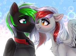 Size: 2700x2000 | Tagged: safe, artist:hakaina, imported from derpibooru, oc, oc only, pegasus, pony, blushing, chest fluff, clothes, duo, ear fluff, folded wings, looking at each other, looking at someone, necktie, pegasus oc, smiling, spread wings, suit, wings