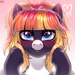 Size: 2000x2000 | Tagged: safe, artist:hakaina, imported from derpibooru, oc, oc only, pegasus, pony, blushing, heart, heart eyes, looking at you, open mouth, open smile, pegasus oc, smiling, smiling at you, solo, unshorn fetlocks, wingding eyes