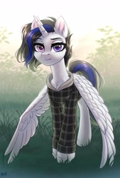 Size: 2100x3100 | Tagged: safe, artist:hakaina, imported from derpibooru, oc, oc only, alicorn, pony, alicorn oc, clothes, horn, looking at you, solo, spread wings, wings