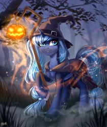 Size: 2350x2800 | Tagged: safe, artist:hakaina, imported from derpibooru, oc, oc only, pony, unicorn, beautiful, cape, clothes, depth of field, forest, halloween, hat, holiday, hoof fluff, horn, jack-o-lantern, lantern, leg hold, lighting, long mane, long tail, looking at you, pale belly, pumpkin, smiling, smiling at you, solo, tail, tree, unicorn oc, unshorn fetlocks, witch hat