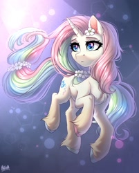 Size: 2400x2989 | Tagged: safe, artist:hakaina, imported from derpibooru, oc, oc only, pony, unicorn, chest fluff, ear fluff, flower, flower in hair, flower in tail, horn, solo, tail, unicorn oc, unshorn fetlocks