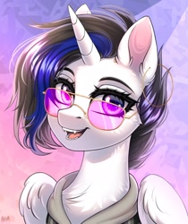 Size: 2100x2500 | Tagged: safe, artist:hakaina, imported from derpibooru, oc, oc only, alicorn, pony, alicorn oc, chest fluff, clothes, ear fluff, glasses, horn, looking at you, open mouth, open smile, piercing, smiling, smiling at you, solo, wings
