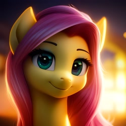 Size: 2304x2304 | Tagged: safe, generator:anything pony: sd is magic, imported from derpibooru, fluttershy, pony, ai content, ai generated, bust, gold background, green eyes, looking at you, portrait, simple background, smiling, smiling at you, solo