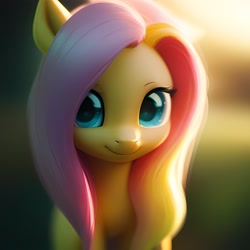 Size: 2304x2304 | Tagged: safe, generator:anything pony: sd is magic, imported from derpibooru, fluttershy, pony, ai content, ai generated, bust, green eyes, looking at you, portrait, simple background, smiling, smiling at you, solo