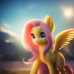 Size: 3072x3072 | Tagged: safe, generator:anything pony: sd is magic, imported from derpibooru, fluttershy, pony, ai content, ai generated, green eyes, happy, simple background, smiling, solo, wings