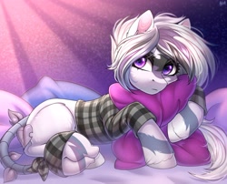 Size: 3100x2500 | Tagged: safe, artist:hakaina, imported from derpibooru, oc, oc only, earth pony, pony, clothes, ear fluff, pillow, solo, tail, tailmouth, unshorn fetlocks