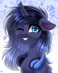 Size: 2000x2500 | Tagged: safe, artist:hakaina, imported from derpibooru, oc, oc only, pony, unicorn, bust, chest fluff, ear fluff, headphones, horn, looking at you, one eye closed, smiling, smiling at you, solo, unicorn oc, wink, winking at you