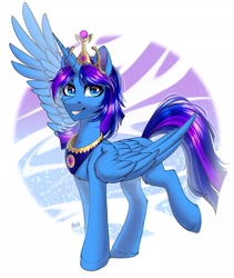 Size: 2550x3017 | Tagged: safe, artist:hakaina, imported from derpibooru, oc, oc only, alicorn, pony, alicorn oc, horn, jewelry, one wing out, regalia, simple background, smiling, solo, unshorn fetlocks, white background, wings