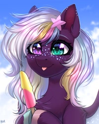 Size: 1800x2250 | Tagged: safe, artist:hakaina, imported from derpibooru, oc, oc only, bat pony, pony, :p, bat pony oc, chest fluff, ear fluff, food, heterochromia, hoof hold, popsicle, solo, tongue out, unshorn fetlocks