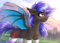 Size: 3500x2500 | Tagged: safe, artist:hakaina, imported from derpibooru, oc, oc only, oc:ebony rose, bat pony, pony, bat pony oc, bat wings, chest fluff, clothes, ear fluff, slim, socks, solo, spread wings, wings