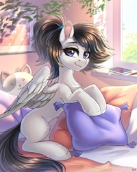 Size: 2000x2500 | Tagged: safe, artist:hakaina, imported from derpibooru, oc, oc only, pegasus, pony, chest fluff, concave belly, ear fluff, looking at you, notepad, painting, pegasus oc, pencil, pillow, slim, smiling, smiling at you, solo, spread wings, unshorn fetlocks, window, wings