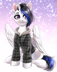 Size: 2000x2500 | Tagged: safe, artist:hakaina, imported from derpibooru, oc, oc only, alicorn, pony, alicorn oc, chest fluff, clothes, ear fluff, horn, solo, spread wings, unshorn fetlocks, wings