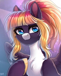 Size: 1700x2125 | Tagged: safe, artist:hakaina, imported from derpibooru, oc, oc only, pegasus, pony, chest fluff, ear fluff, looking at you, pale belly, pegasus oc, solo, spread wings, unshorn fetlocks, wings