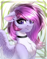 Size: 2000x2500 | Tagged: safe, artist:hakaina, imported from derpibooru, oc, oc only, pegasus, pony, chest fluff, collar, ear fluff, looking at you, pegasus oc, piercing, smiling, smiling at you, solo