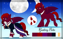 Size: 4000x2500 | Tagged: safe, artist:monsoonvisionz, imported from derpibooru, oc, oc only, oc:gushing pulse, bat pony, pony, blood, choker, clothes, ear piercing, earring, gradient mane, jewelry, leg rings, looking at you, moon, piercing, reference sheet, robe, shoes, solo