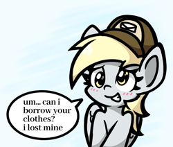 Size: 998x845 | Tagged: safe, artist:derp pone, derpibooru exclusive, imported from derpibooru, derpy hooves, pegasus, pony, blushing, covering, cute, derpabetes, embarrassed, hat, looking at you, smiling, solo, speech bubble, teeth, we don't normally wear clothes