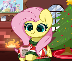 Size: 3640x3094 | Tagged: safe, artist:kittyrosie, imported from derpibooru, applejack, fluttershy, pinkie pie, rainbow dash, rarity, twilight sparkle, alicorn, earth pony, pegasus, pony, unicorn, chocolate, christmas, christmas sweater, christmas tree, clothes, cookie, cottagecore, cute, fire, fireplace, food, holiday, hoof hold, hot chocolate, mane six, milk, mug, pusheen, redraw, remake, shyabetes, solo, starry eyes, sweater, tree, twilight sparkle (alicorn), wingding eyes