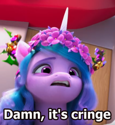 Size: 355x384 | Tagged: safe, edit, edited screencap, imported from derpibooru, screencap, izzy moonbow, pony, unicorn, spoiler:g5, spoiler:winter wishday, 3d, blatant lies, floral head wreath, flower, flower in hair, g5, my little pony: make your mark, my little pony: make your mark chapter 3, solo, text, winter wishday