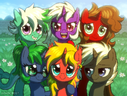Size: 800x600 | Tagged: safe, artist:rangelost, imported from derpibooru, oc, oc only, oc:cinnamon swirl, oc:deedee, oc:emerald wave, oc:majestic circlet, oc:pewter, oc:zap transfer, kelpie, pony, sea pony, unicorn, grass, grass field, group photo, group shot, looking at each other, looking at someone, looking at you, side hug, signature