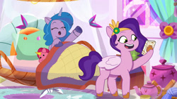 Size: 3072x1727 | Tagged: safe, imported from derpibooru, screencap, izzy moonbow, pipp petals, pegasus, pony, unicorn, spoiler:g5, spoiler:my little pony: tell your tale, spoiler:tyts01e41, :o, a day in the life, cellphone, duo, duo female, eyes closed, female, g5, high res, mare, my little pony: tell your tale, open mouth, open smile, phone, selfie, smartphone, smiling