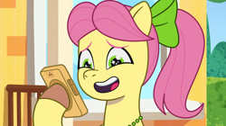 Size: 3500x1959 | Tagged: safe, imported from derpibooru, screencap, earth pony, pony, spoiler:g5, spoiler:my little pony: tell your tale, spoiler:tyts01e41, a day in the life, adoraposey, cellphone, cute, female, g5, high res, mare, my little pony: tell your tale, open mouth, open smile, phone, posey bloom, reaction image, smartphone, smiling, solo, when she smiles, wingding eyes, youtube link